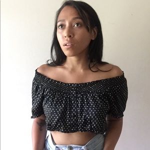 Off The Shoulder Cropped Polka Dot Crop Top Satin